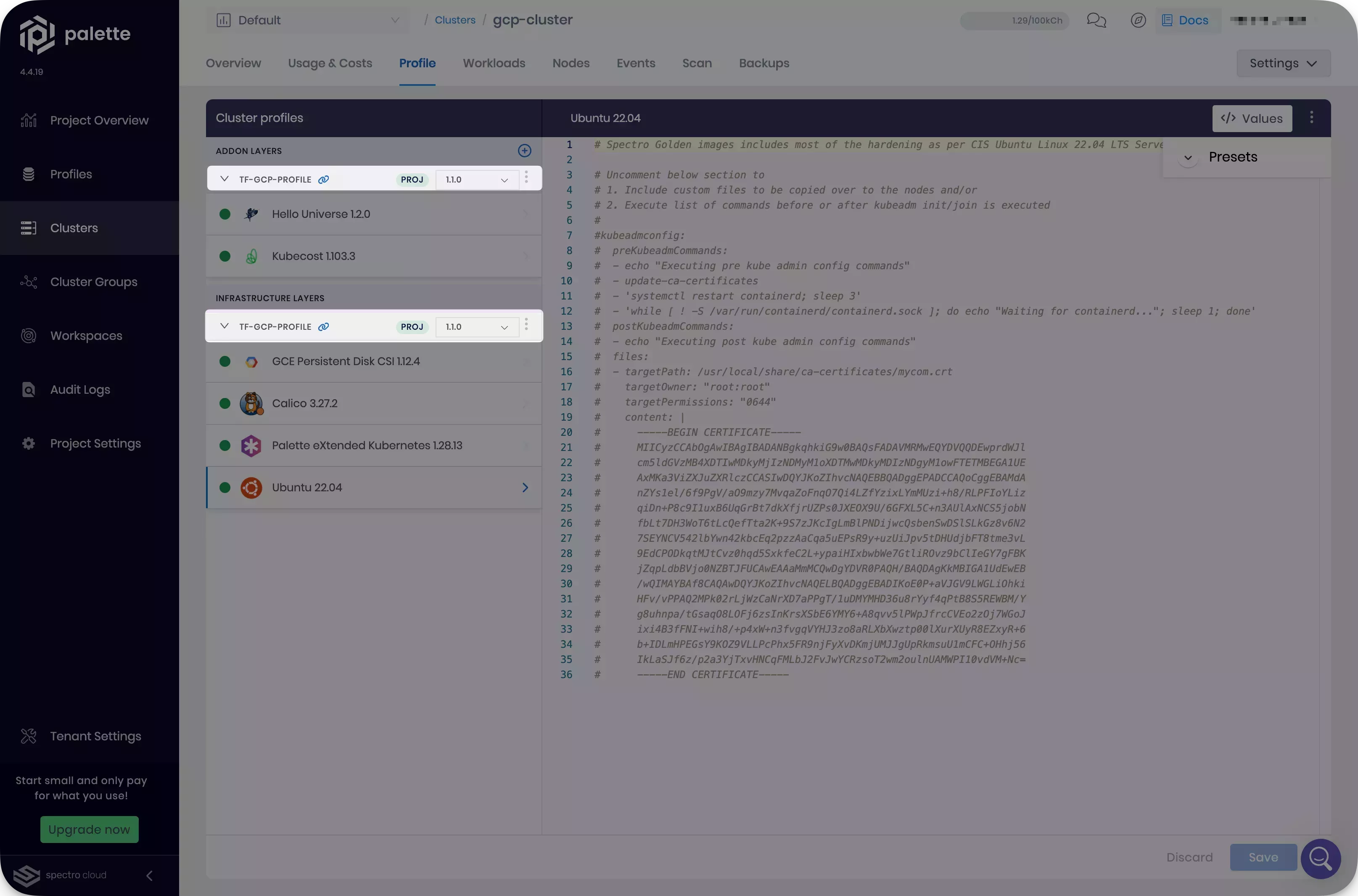 Image that shows the new cluster profile version with Kubecost